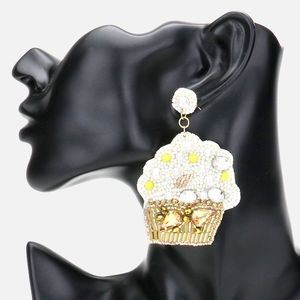 Ivory White Beaded Cupcake Dangle Earrings Cute